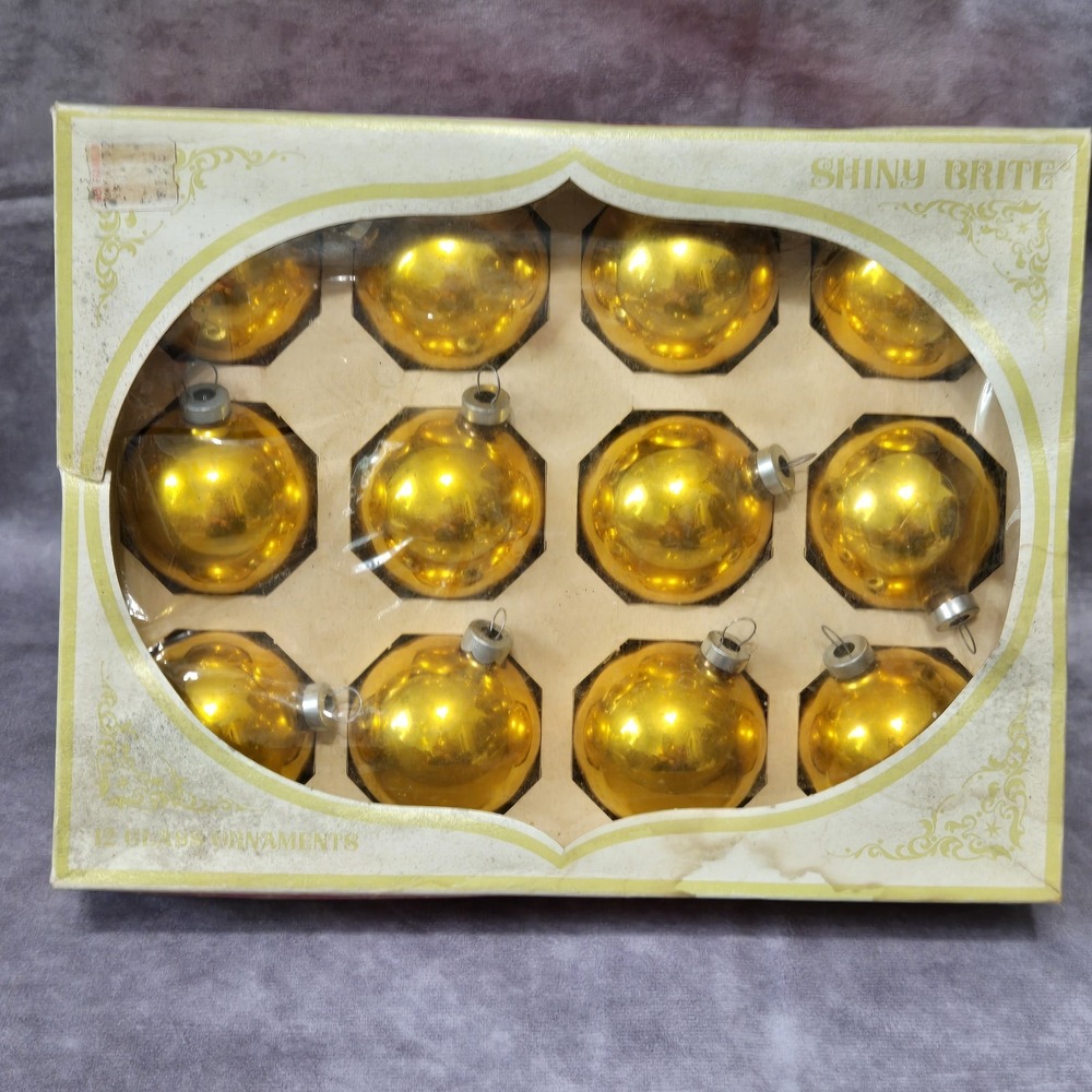 Vintage Shiny Brite  Christmas Tree Ornaments Gold Original Box 12